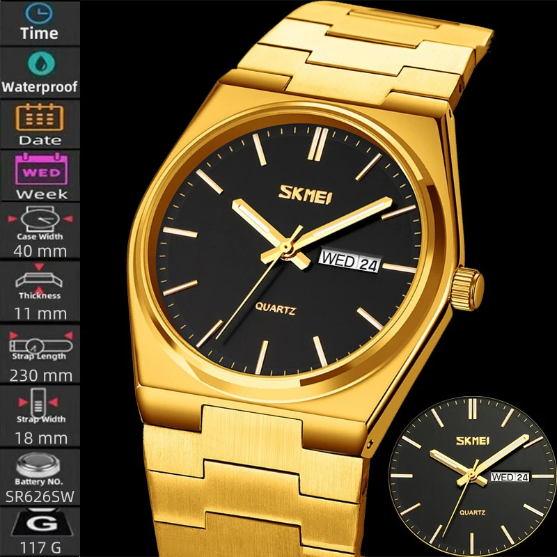 

Skmei Элитный бренд Кварцевые водонепроницаемые наручные часы для мужчин Ремешок из нержавеющей стали Дата Неделя Аналоговый дисплей Часы-браслет