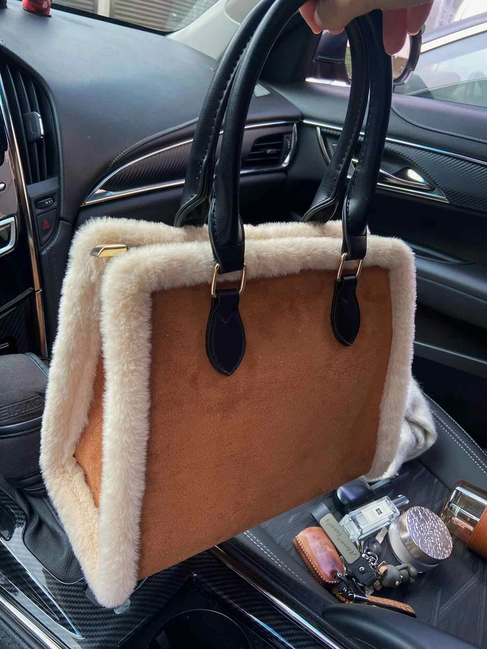 Lamb Wool Spliced Handbag Autumn Winter New Large Capacity Tote Bag Korean Female Retro Suede Shoulder Crossbody Bags