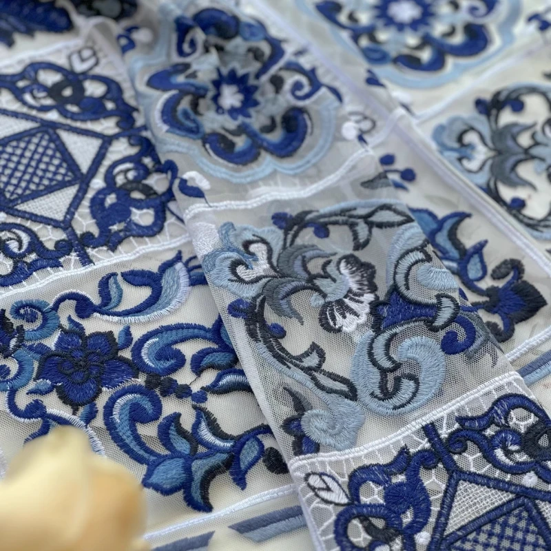 Elegant Embroidered Lace Fabric with Chinese Style Blue and White Porcelain Grid for Dressmaking  Tablecloth Decoration Material