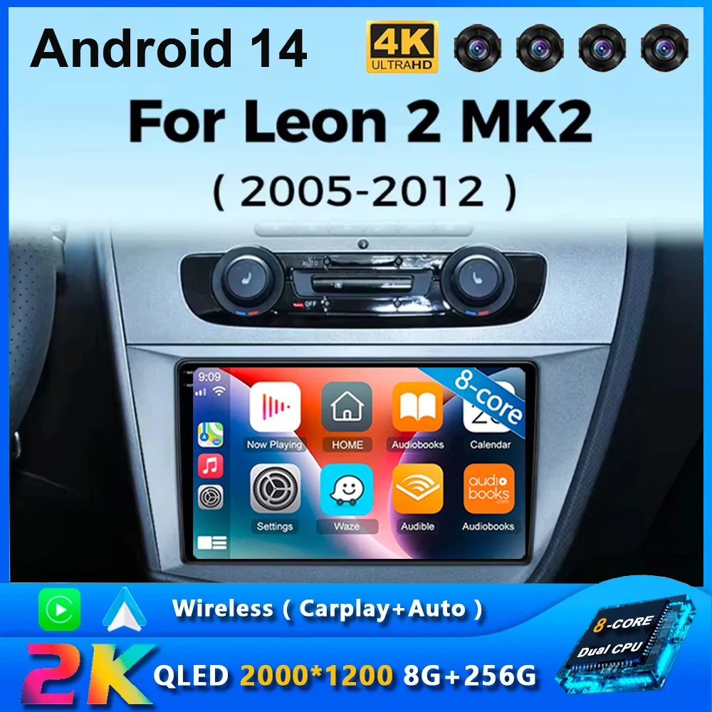 

Автомобильная Мультимедийная магнитола, плеер на Android 14, с 9 "экраном, для Seat Leon 2, MK2, LHD 2002-2012, типоразмер 2DIN