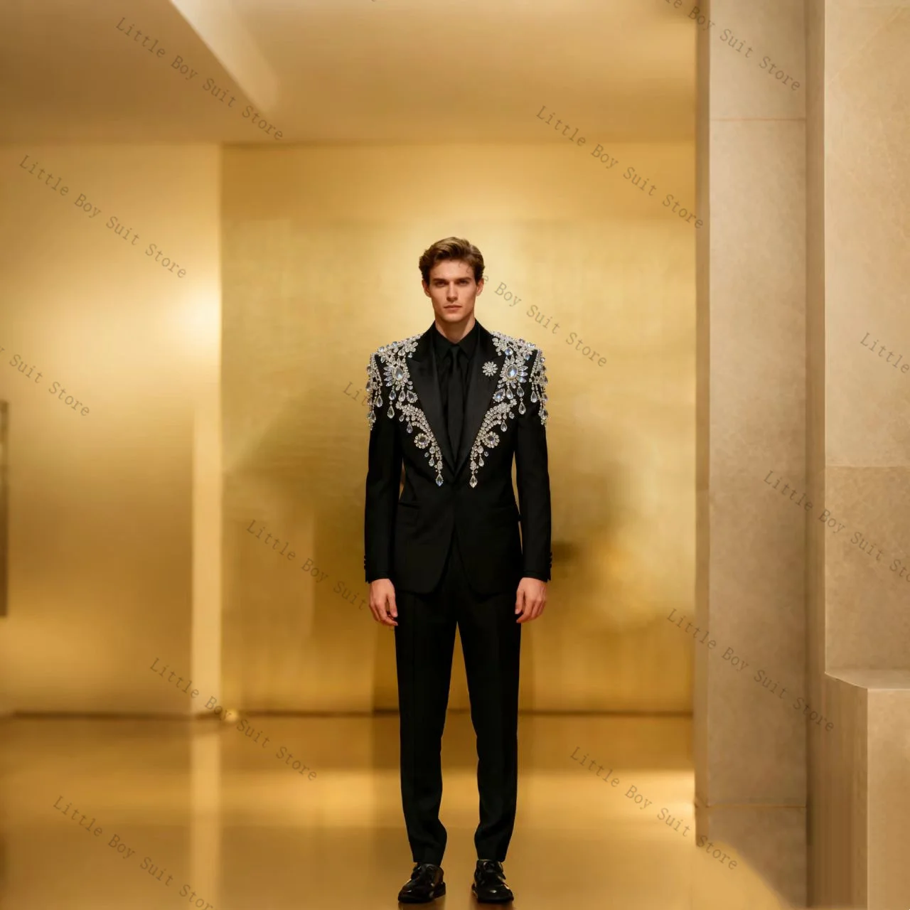 

Luxury Black Men Suit Set 2 Piece Crystals Jacket Blazer Pant Wedding Tuxedo Cotton Formal Office Party Prom Coat Customized