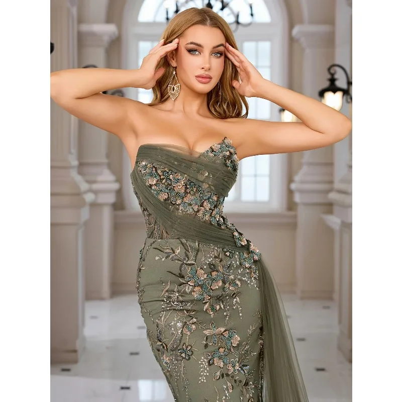 Strapless Embroidered Ball Gown Women Olive Green Evening Dress with Floral Train Party Dress Vestdos De Fiesta Customized