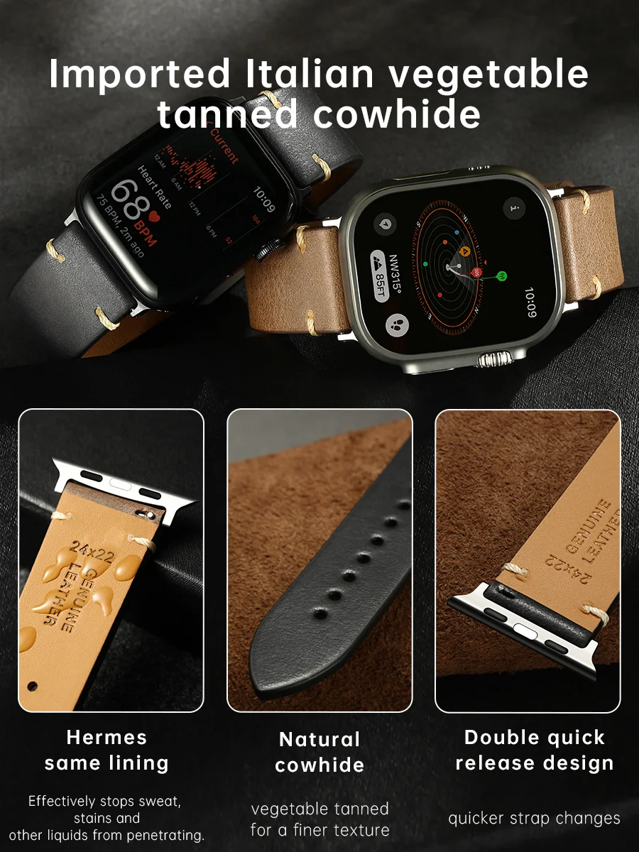 MAIKES Leather Watch Strap Compatible with Apple Watch Ultra 49mm, Series 9, 8, 7, 6, SE, 45mm, 44mm, 41mm, 40mm Watch Wristband