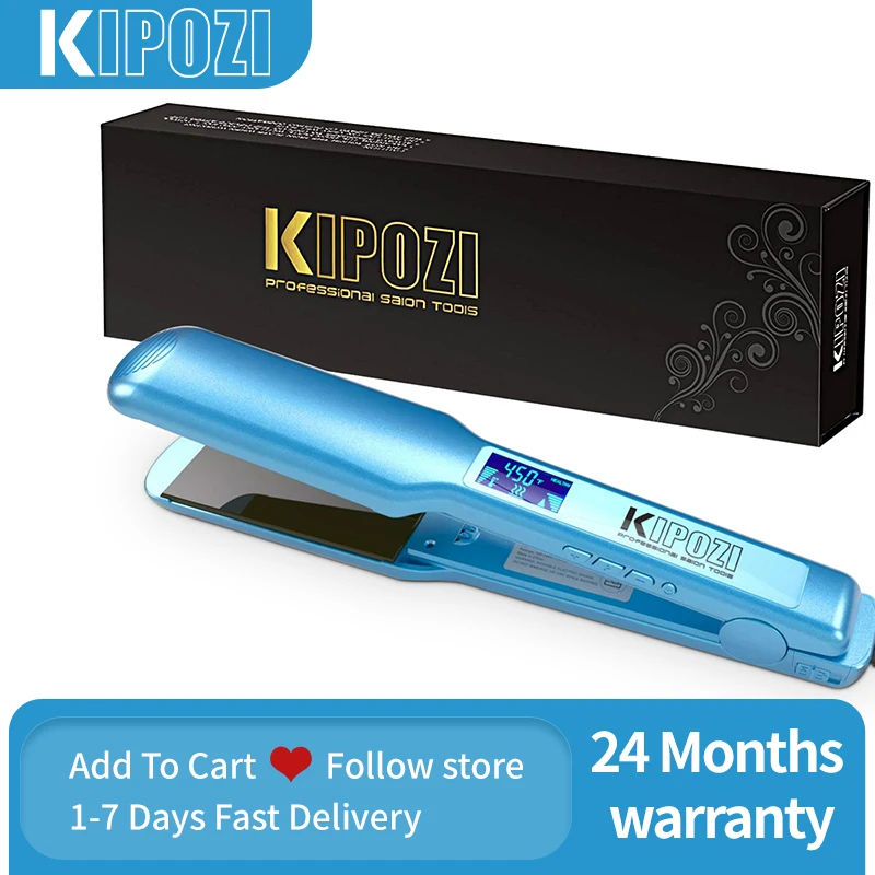 KIPOZI Adjustable Hair Straightener 1.75 Inch Wide Titanium Flat Iron Professional Styler LCD Display 30S Fast Heat Dual Voltage