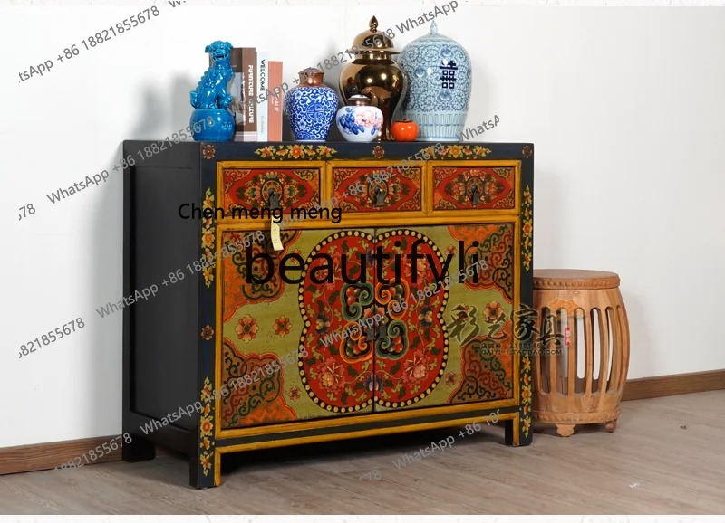 Modern Chinese antique painted entrance cabinet retro furniture hand-painted dining side cabinet storage decorative cabinetH
