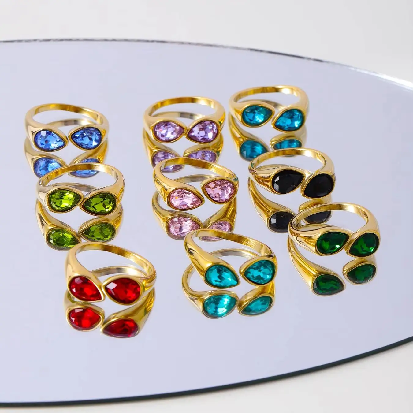 Stylish Stainless Steel Ring Open Design Double Birthstone Colorful Stone Waterdrop Shape Modern Elegance Gift Birthday