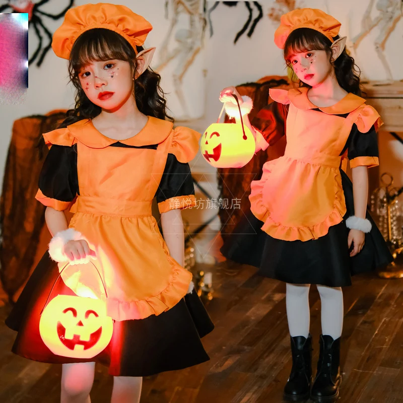 

Halloween Costumes Children Pumpkin Cosplay Dress Kid Witch Disfraz Maid Princess Vestidos Anime Parenting