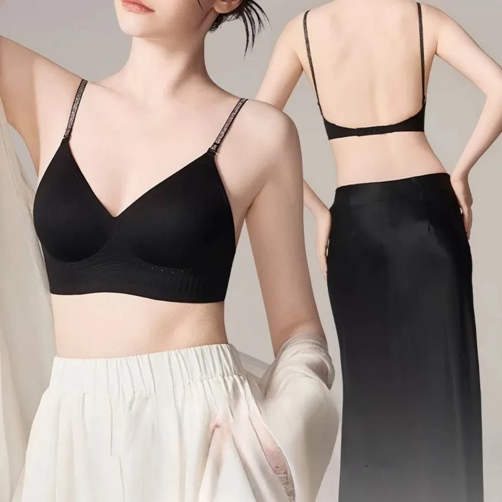 Hot Sale Seamless Backless Bra Large U‑Neck Thin Sling Invisible Thin Strap Gathering Push‑Up Women Beautiful Back Underwear