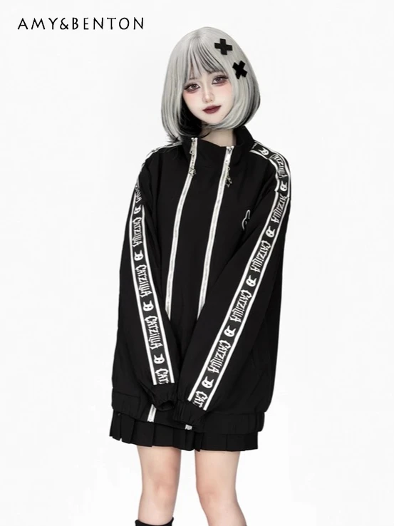 

Harajuku Style Subculture Cartoon Print Long Sleeve Double Zipper Stand Collar Coat Japanese Gothic Sweet Cute Oversized Coats