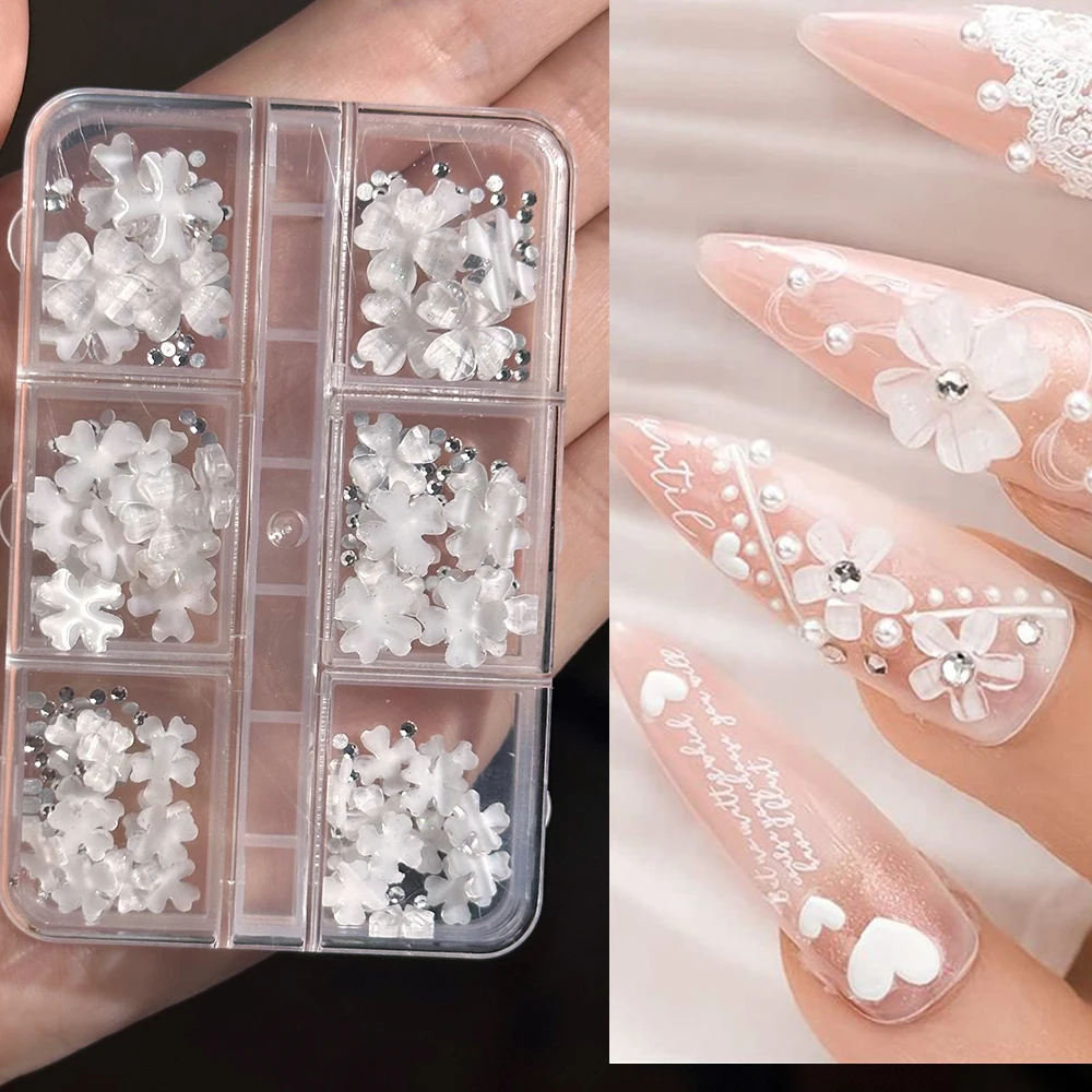 

1Box 3D Ice Crystal Flower with Rhinestones Nail Charms Resin White Four-Leaf Clover Diamond Nail Decoration Manicure Accessorie