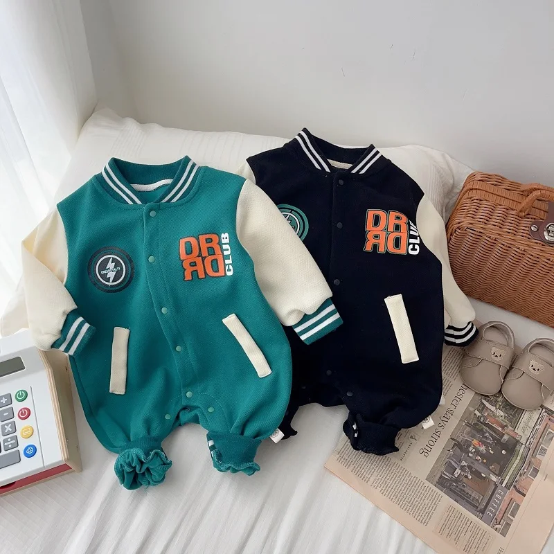 

2023 Autumn Newborn Baby Boy Girl Romper Long Sleeve Single Breasted Letter Print Active Sportswear Jumpsuit Outwear Clothes