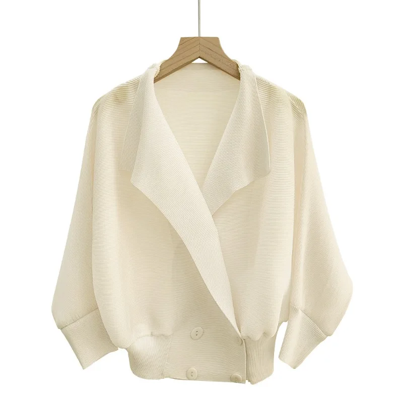 Miyake Pleated Original New Solid Color Suit Collar Jacket Loose Double-Breasted Short Style Cuffed Sleeves Gentle Style T-Shirt