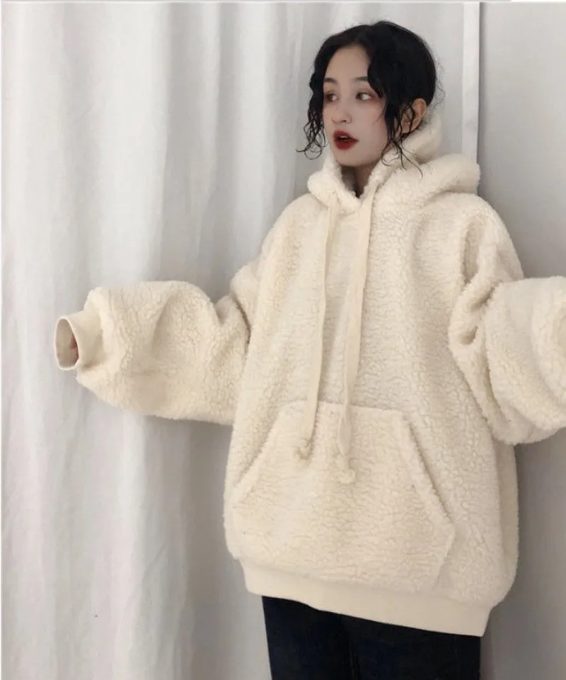 Harajuku in pile Sudaderas Mujer Solid lana di agnello donna oversize con cappuccio Y2k felpe stile preppy coreano cappotti invernali spessi