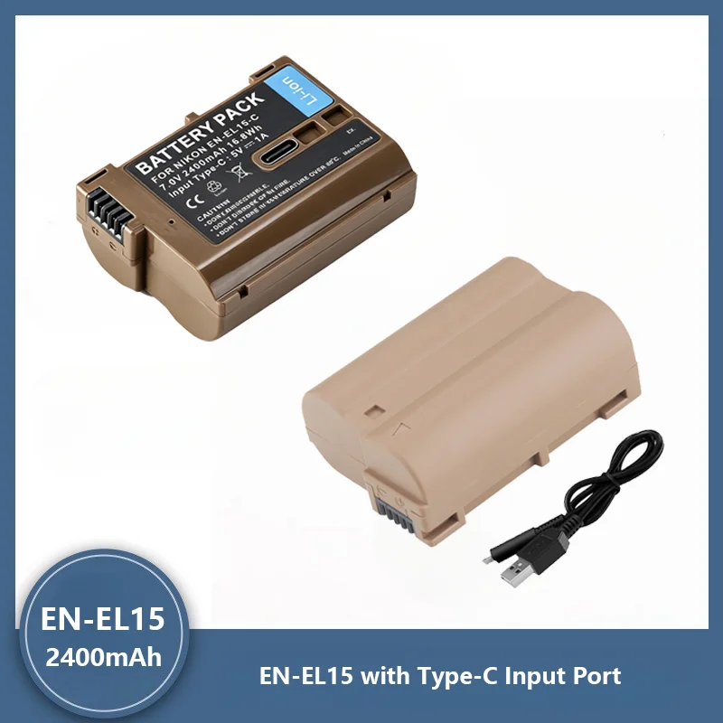 EN-EL15 EN-EL15C T-EL15 ENEL15 2400mAh Battery Type-C Input Port for Nikon Z8 Z5 Z6 Z6 II Z7 Z7II D780 D800 D850 D600 D500 D7500