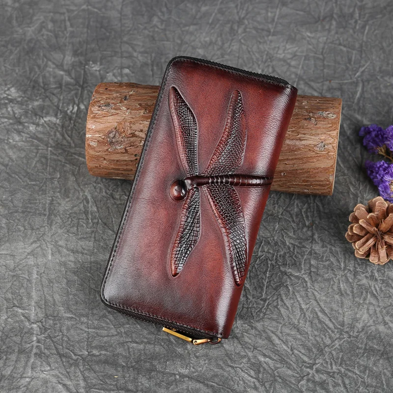 Women Genuine Leather Long Wallet Purse Clutch Bag Credit ID Card Cash Holder Dragonfly Female Natural Skin Zipper Money Bags