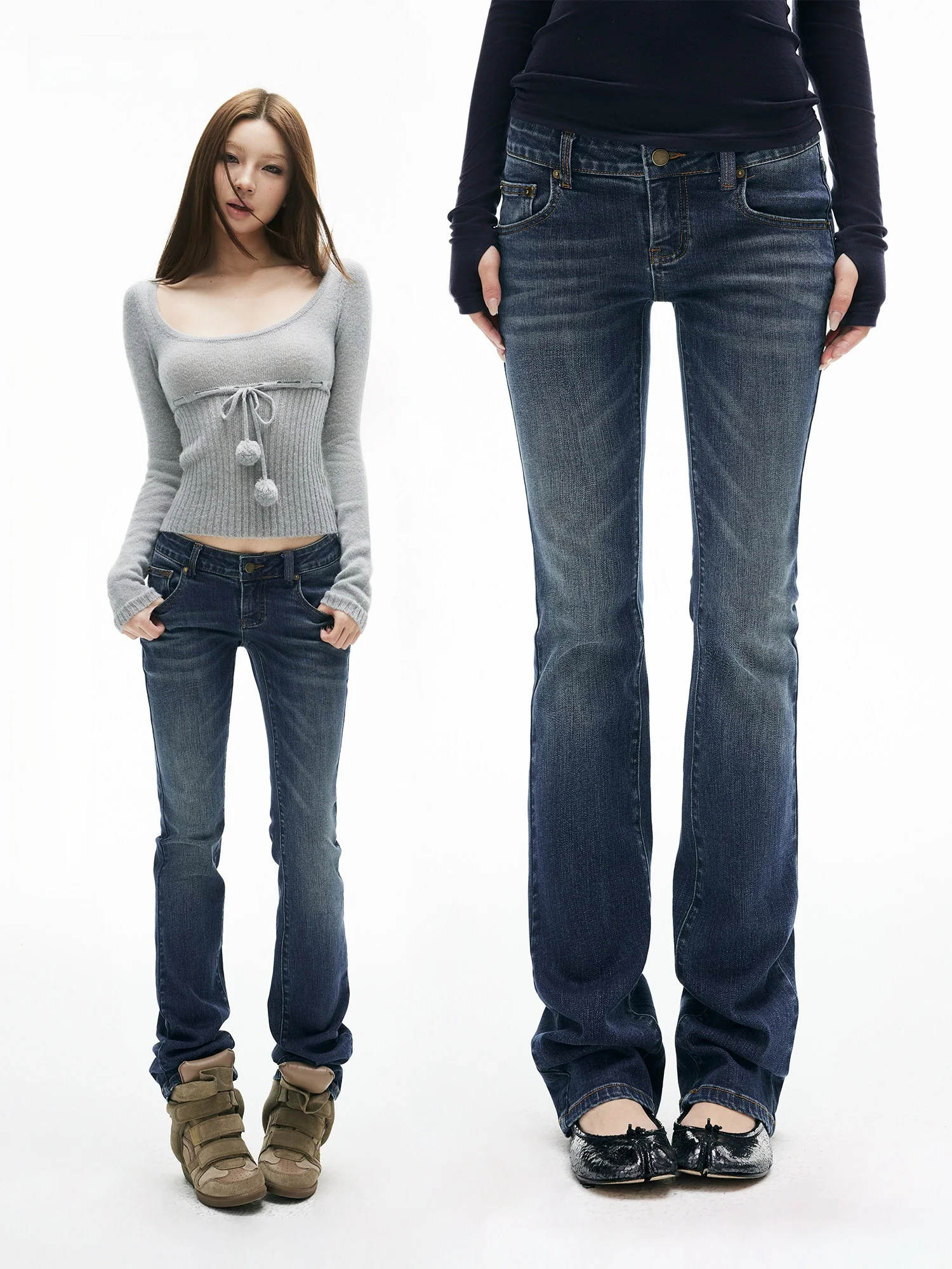

Джинсы женские премиум-класса Low Waist Straight Leg Bell Bot из хлопка Sensation, эластичные, винтажные, синие, повседневные