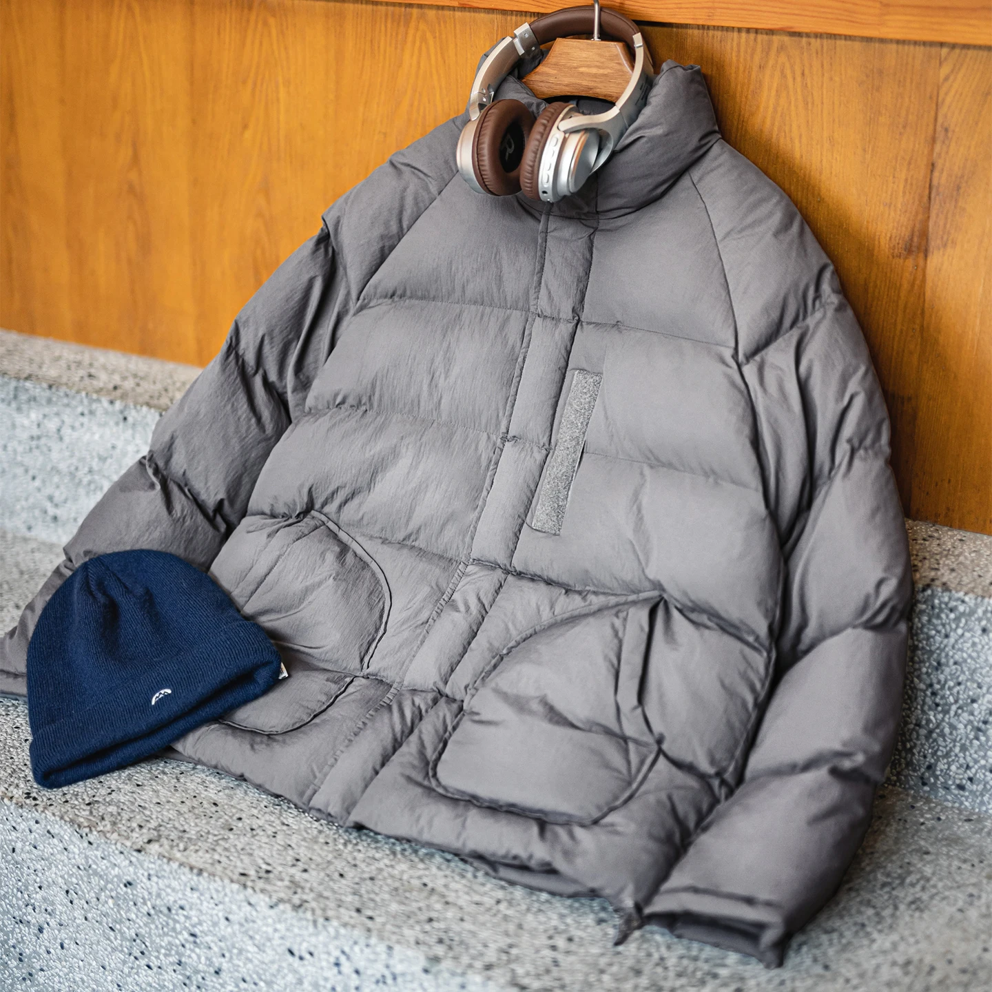 Maden Men’s Vintage American Gray Padded Jacket Thick Warm Casual Short Coat Raglan Sleeve Stand Collar Winter Outerwear