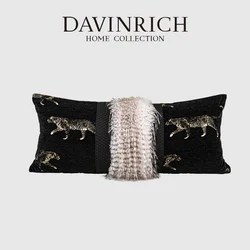 DAVINRICH Gold Metallic Leopard Panthera Jacquard Lumbar Pillowcase Chenille Oblong Stunning Cushion Cover With Faux Fur Decor