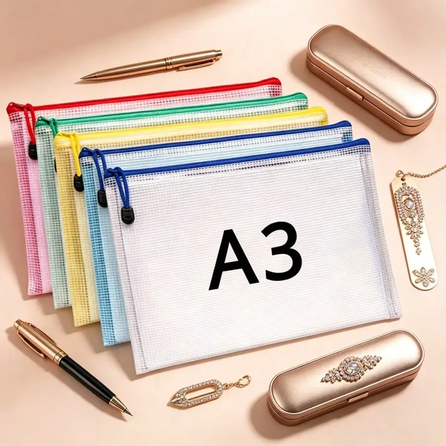 1/5/12 Pack Waterproof A3 Zippered PVC Project Folders, Colorful Grid Design, Art and Document Organizer Bags