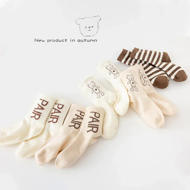 

Cartoon Bear Children Boys Girls Mesh Socks Summer Anti-pilling Sports Stockings Letter Striped Cotton Half Socks for Kids Baby
