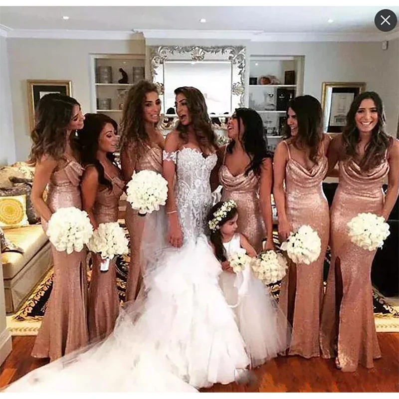 

Customized Sequined Rose Gold Side Split Bridesmaid Dresses Spaghetti Sequins Maid Of Honor Dress Wedding Guest Gown YBD24