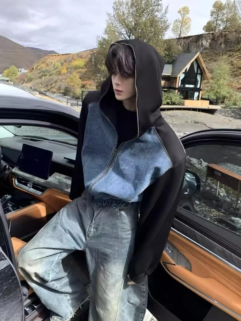 Denim Hoodies Jackets Men American Style High Street Retro Tops Handsome Stylish Padded Shoulder Long Sleeve Hooded Sweatshirts