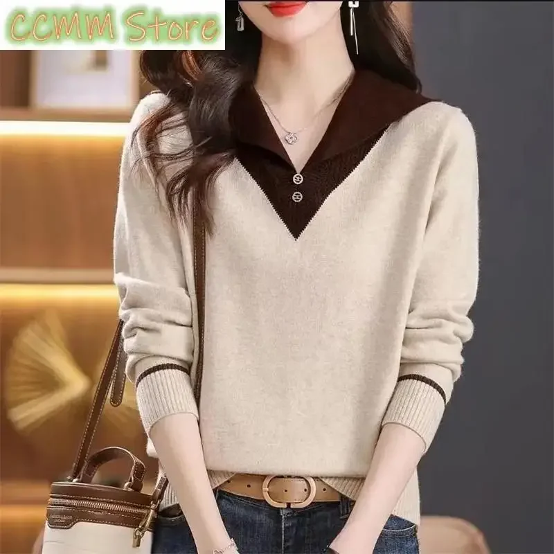 Women's Autumn Winter Laple Collar Pullover New Solid Button Screw Thread Lantern Long Sleeve Sweater Knitted Female Tops
