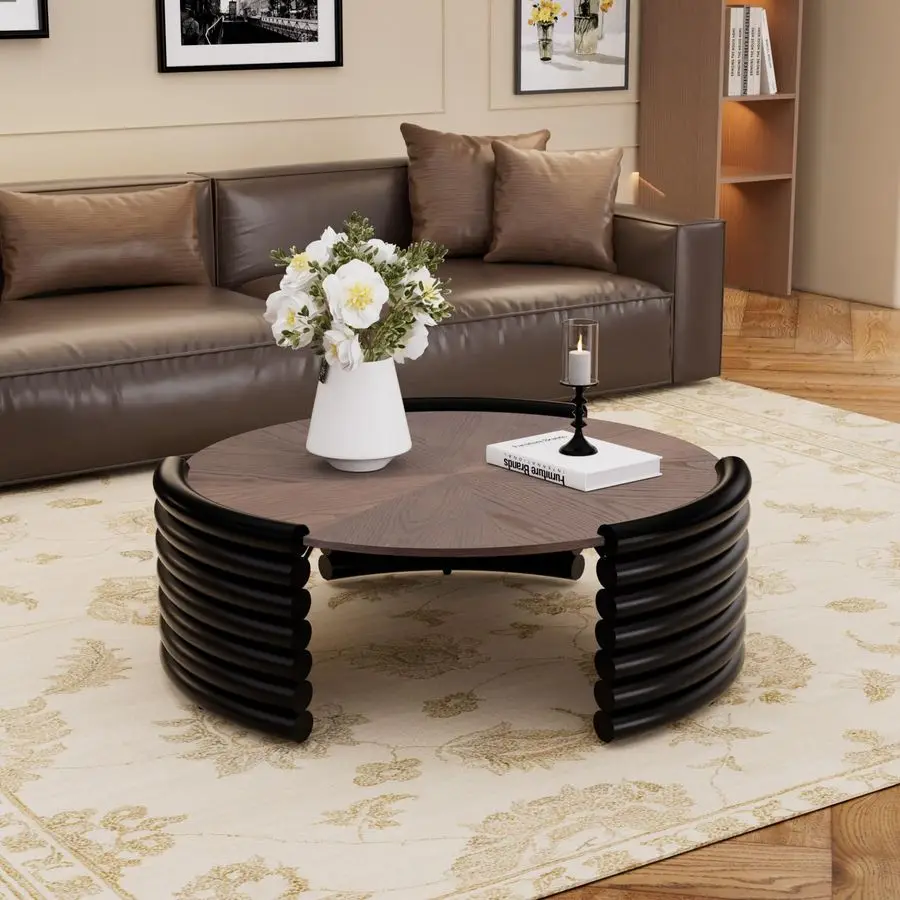 

Круглый современный рифленый журнальный столик в деревенском стиле для гостиной, современный низкий круглый центральный стол для приемной, развлечений R