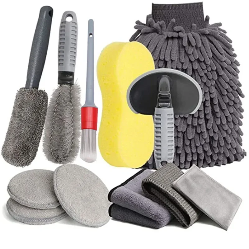 Car Detailing Brush Set 12 Pcs Car Cleaning Tool Kit Tire Shine Wax Pad Dispenser Bottle Wash Sponge Ceramic Nano Coating Cloth