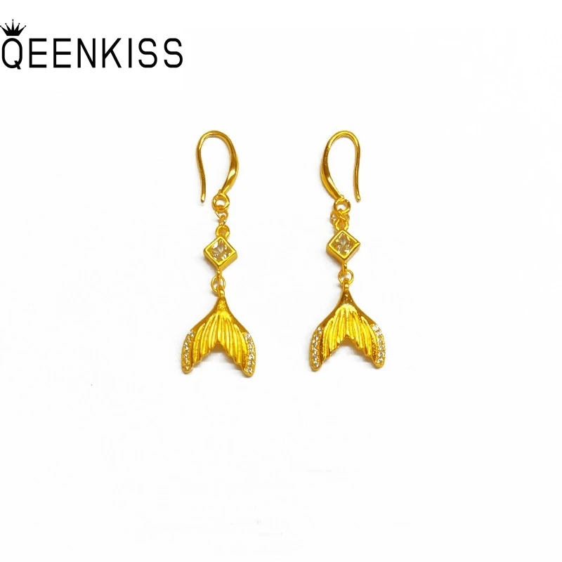 QEENKISS Gold Fish Tail Drop Earrings For Women Wedding Party Birthday Christmas Bride Mother Girlfriend Ladies Gifts EG5495