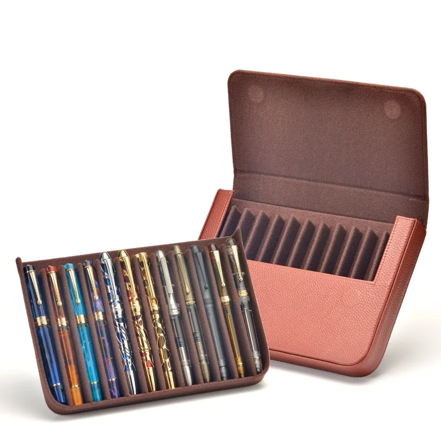 12 Slots Handmade Genuine Leather Fountain Pen Case Pencil Bag Stationery Black Coffee Vintage Color