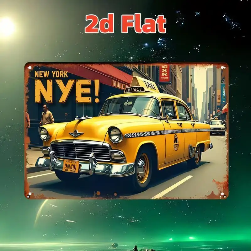 New York NYE Vintage Yellow Taxi Metal Tin Sign - Retro City Street Design, Iron Wall Art for New Year's Eve, Bars, Cafes & Vint