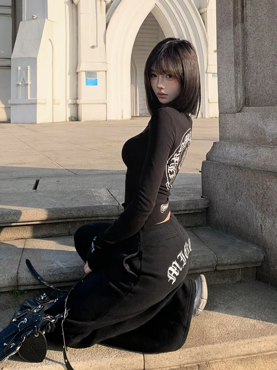 

Slimming American Sle Long Sve T-irt Women's Spring Autumn New Cross Print Base irt Trendy Top round Ne ort Length