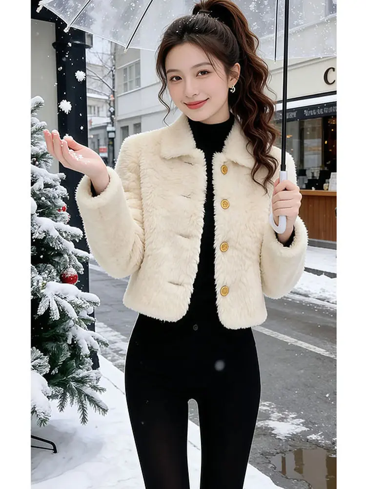 Cappotto Corto in Pelliccia d'Agnello Color Pera Stile Coreano per Signore, Nuova Collezione Autunno Inverno, Taglia Piccola