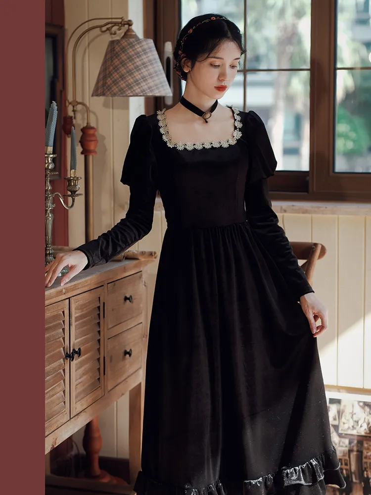 TIYIHAILEY 春秋の女性のベルベットドレスフルスリーブロングミッドカーフレディース S-L ヴィンテージハイウエスト 2026 スクエアカラーフリル