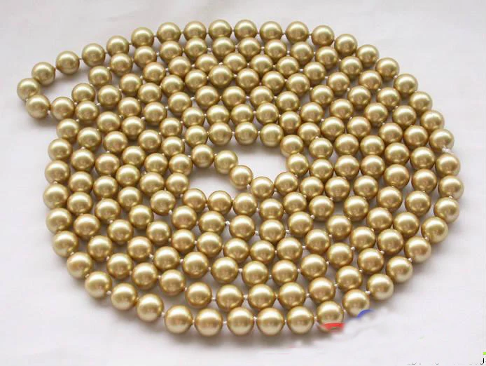 Favorite Pearl Necklace,80'' 10mm Golden Round South Sea Shell Pearl Fashion Jewelry,Handmade,Charming Women Gift