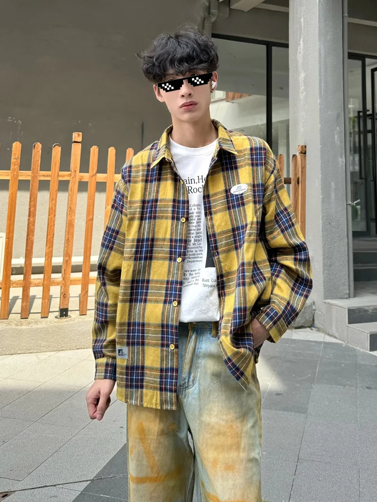 

Early Autumn Ba-To-School Men's Long Sve Plaid irt Yellow ids High-End Feeling Streetwear Lazy Sle Outerwear