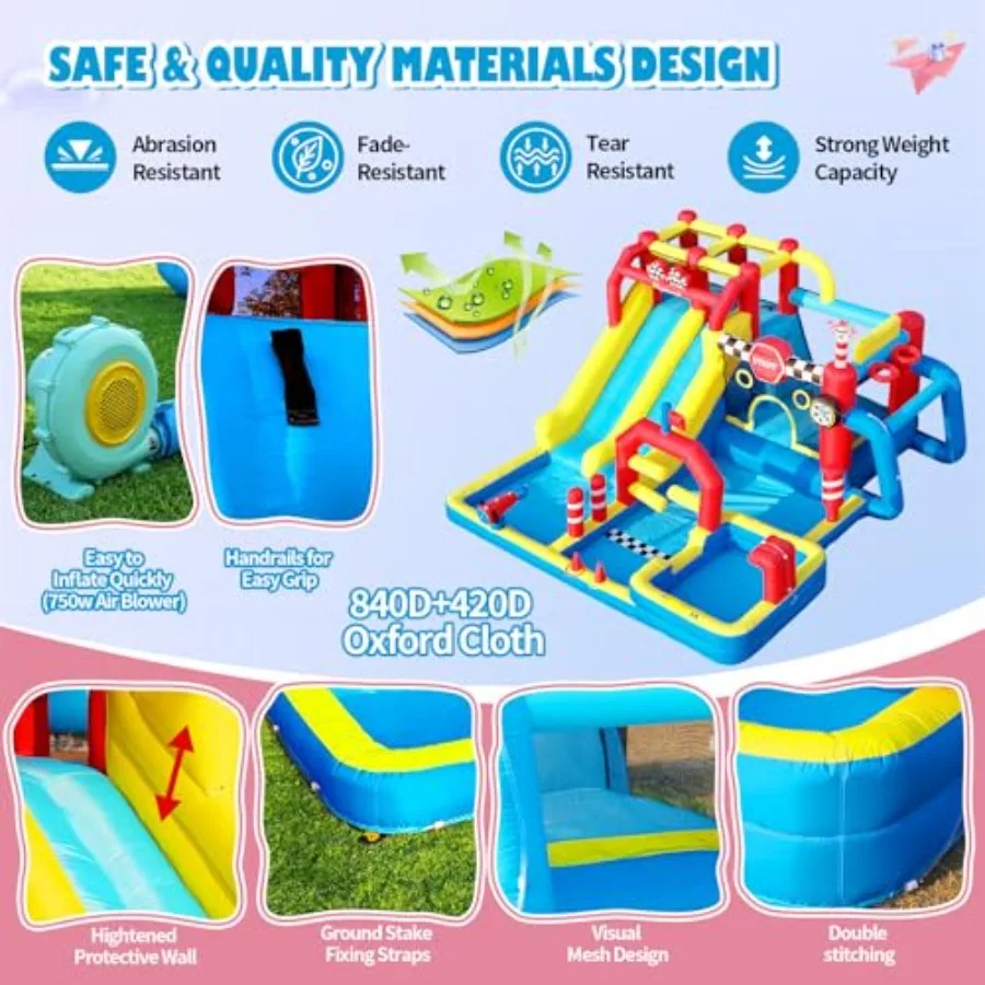 Inflatable Water Slide Bounce House for outdoor use, PVC material, blue and yellow, includes 750W blower, 12-in-1 design with d view 3