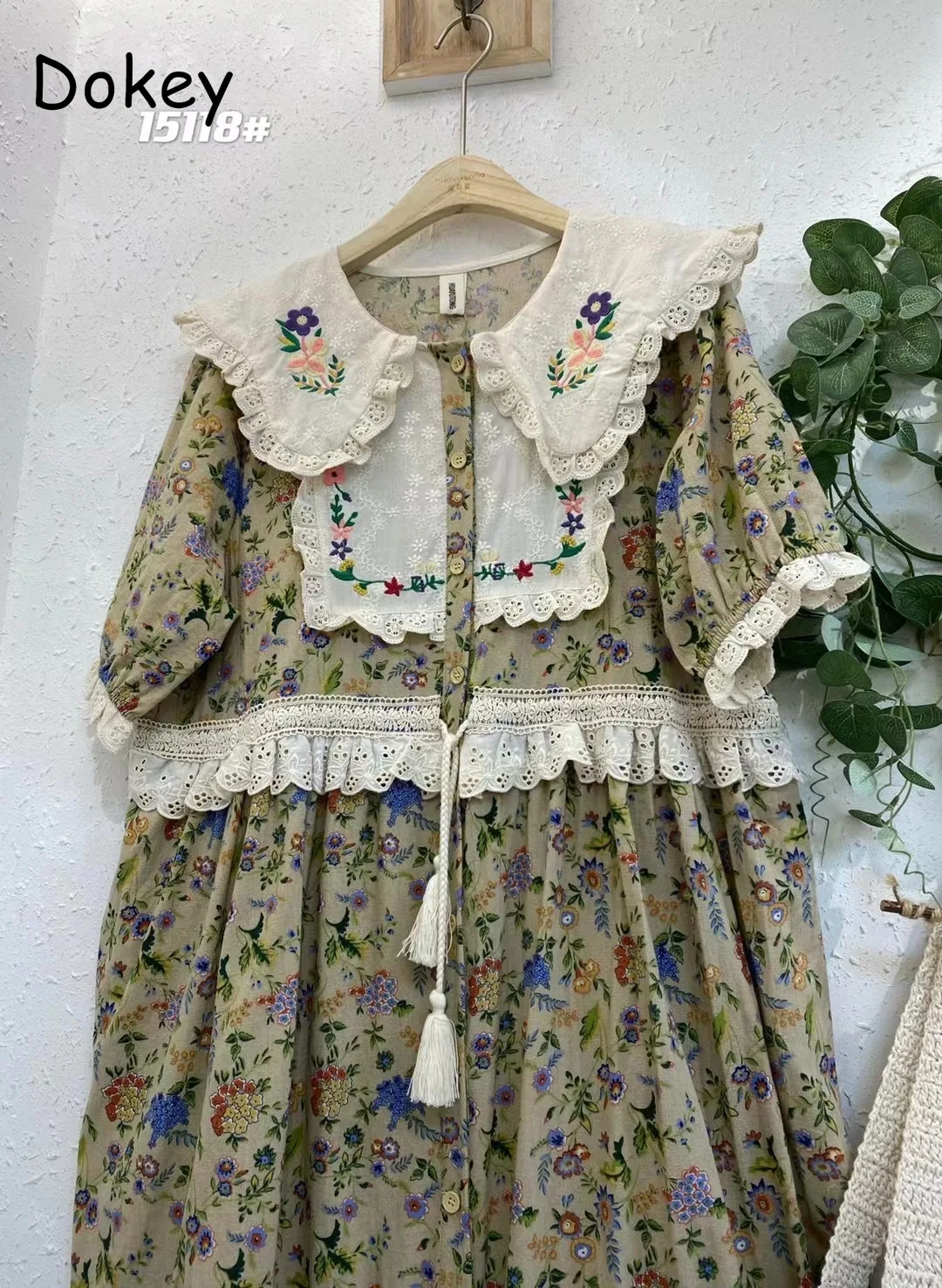 Vintage Embroidery Art Print Kawaii Dress Women Japanese Mori Girl Peter Pan Collar Patchwork Cotton Linen Dress Loose Vestidos