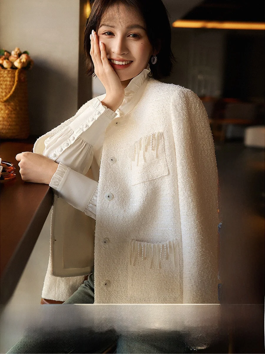 

Xhange Pearls Tassel Outerwear And Dress Set Elegant Commute Style Four Seasons Short Length Medium Thickness for Women