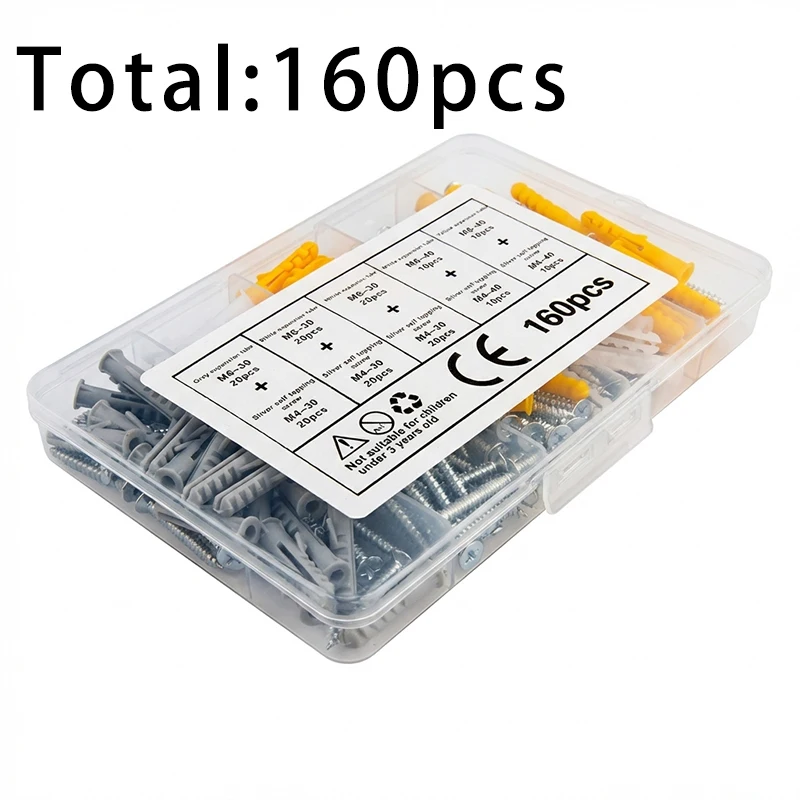 160 pieces (80 pieces of expansion tube + 80 pieces of silver screws) plastic drywall nail kit with screws,
