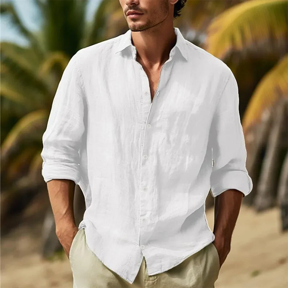 Men's Cotton Linen Shirts Lapel Collar Solid Hawaiian Style Vacation Shirt Lightweight Breathable Casual Large Size Streetwear