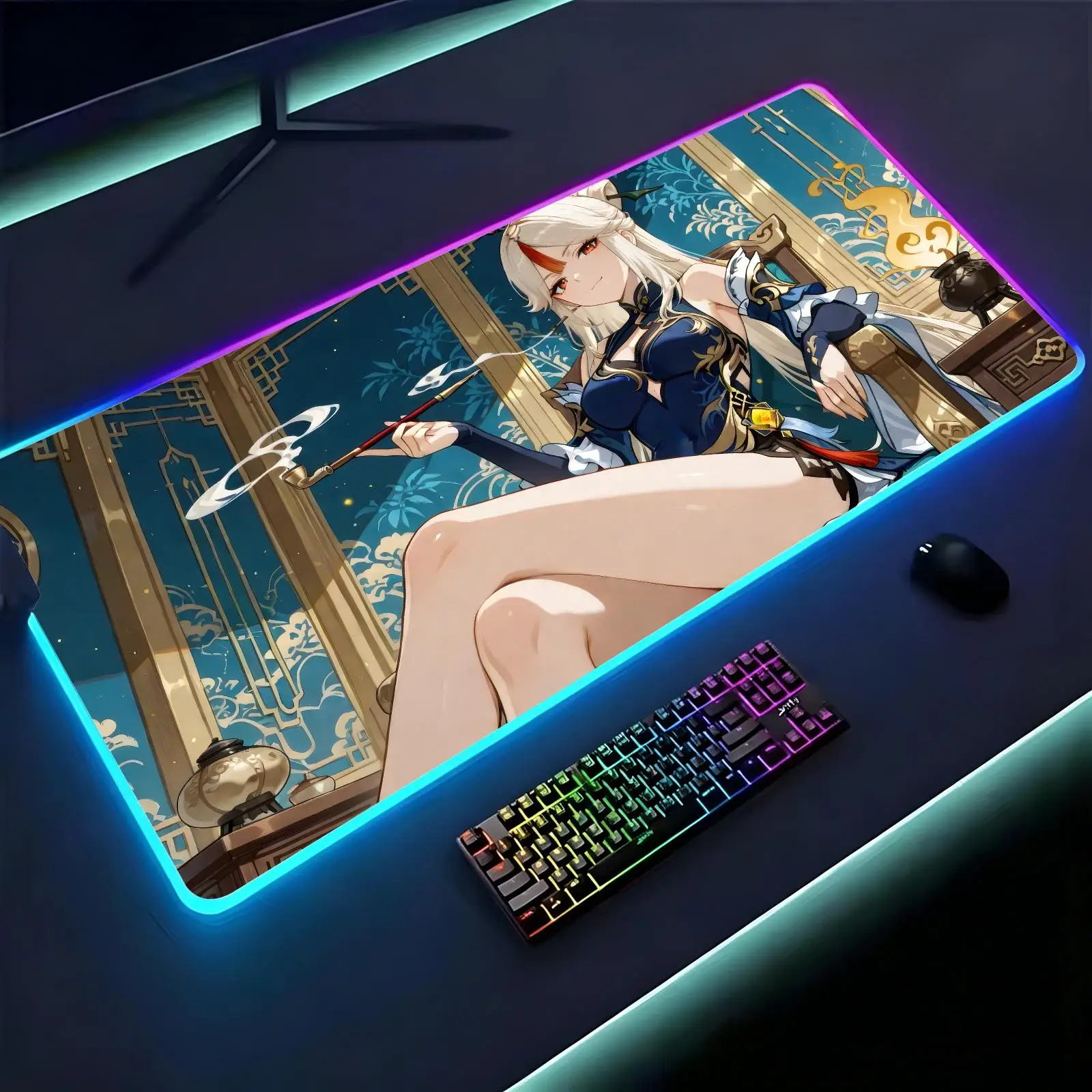 Large RGB backlit esports gaming mouse pad, genshin impact Ningguang smooth soft cloth surface, LED luminous extended desk mat