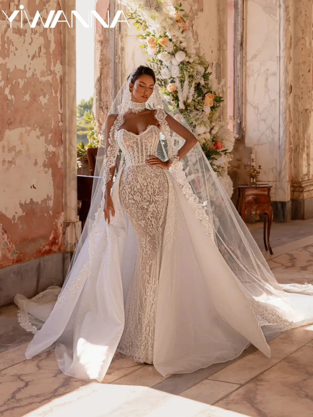 

Embroidery Beaded Lace Wedding Dress Detachable Train Illusion Mermaid Bridal Gown New Customized Graceful Dresses For Bride