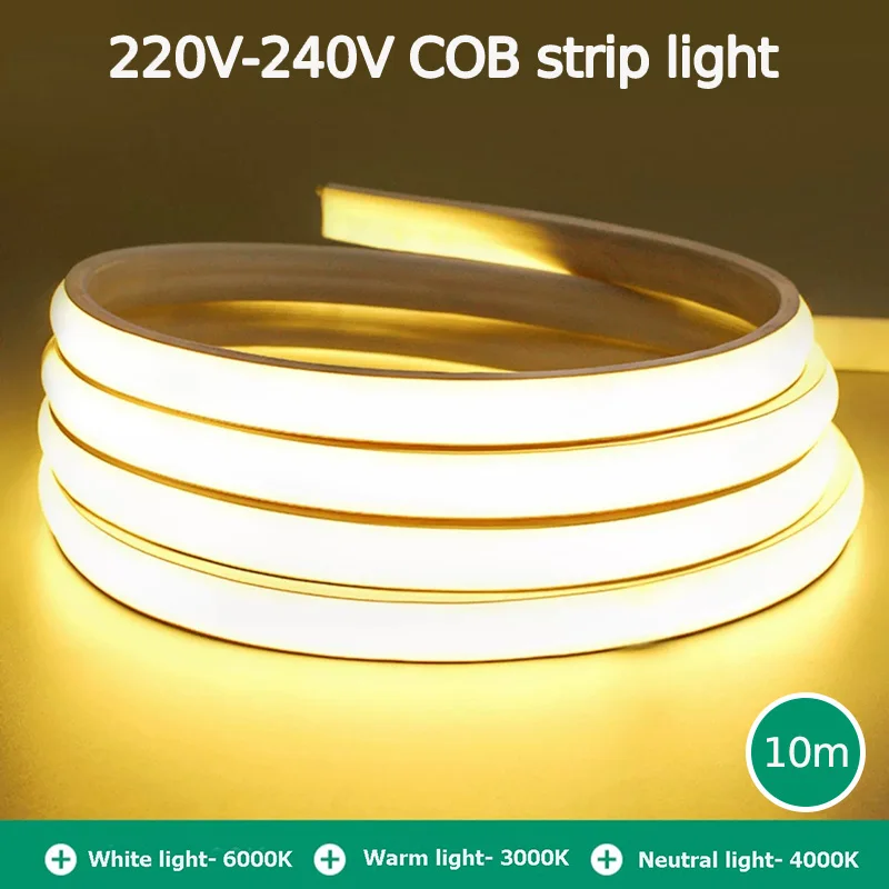 

10m 220V LED Ribbon Adhesive High Brightness COB LED Strip Light Waterproof Led Strip Flexible for Home and Outdoor Lighting