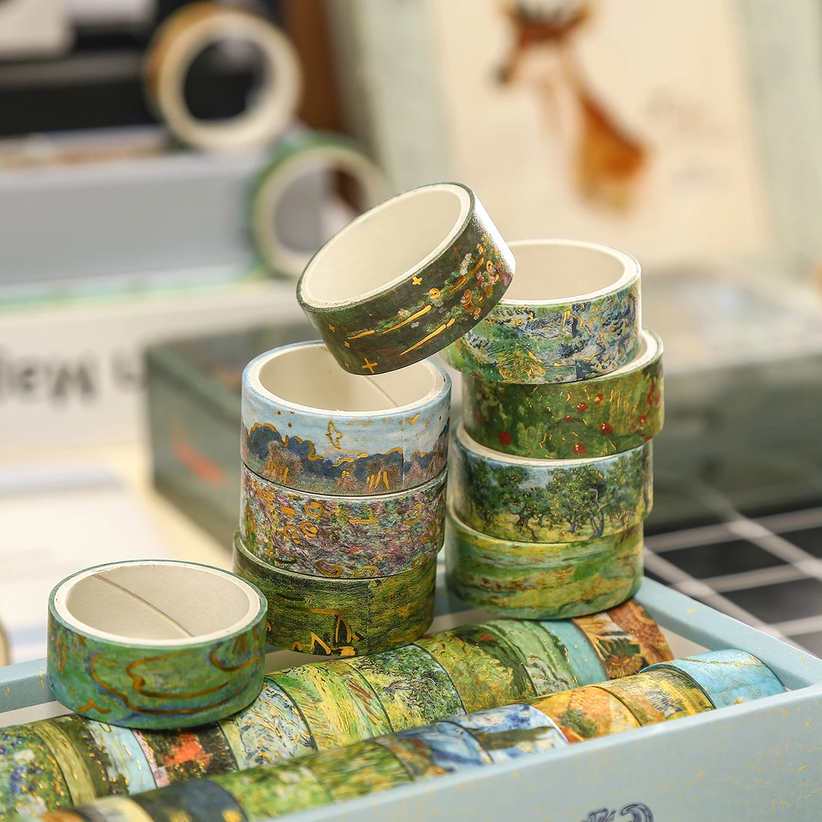 20 لفة/صندوق مع موضوعات الرسم الزيتي شريط اشي، أنماط المناظر الطبيعية الميدانية المختلفة، مواد تزيين سجل القصاصات بنفسك