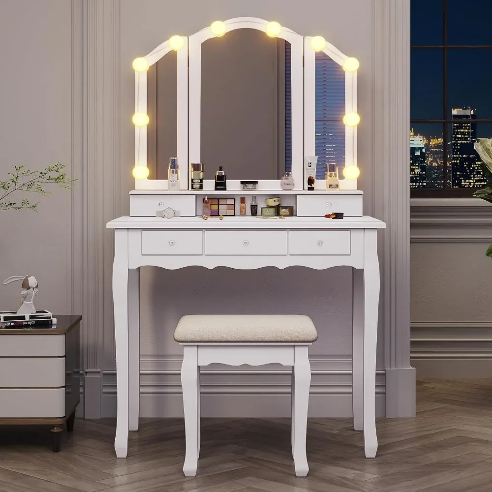 Vanity Table Set with Lighted Tri-Folding Mirror, 3 Color Lighting Modes, 5 Drawer Makeup Desk and Cushioned Stool, White view 5