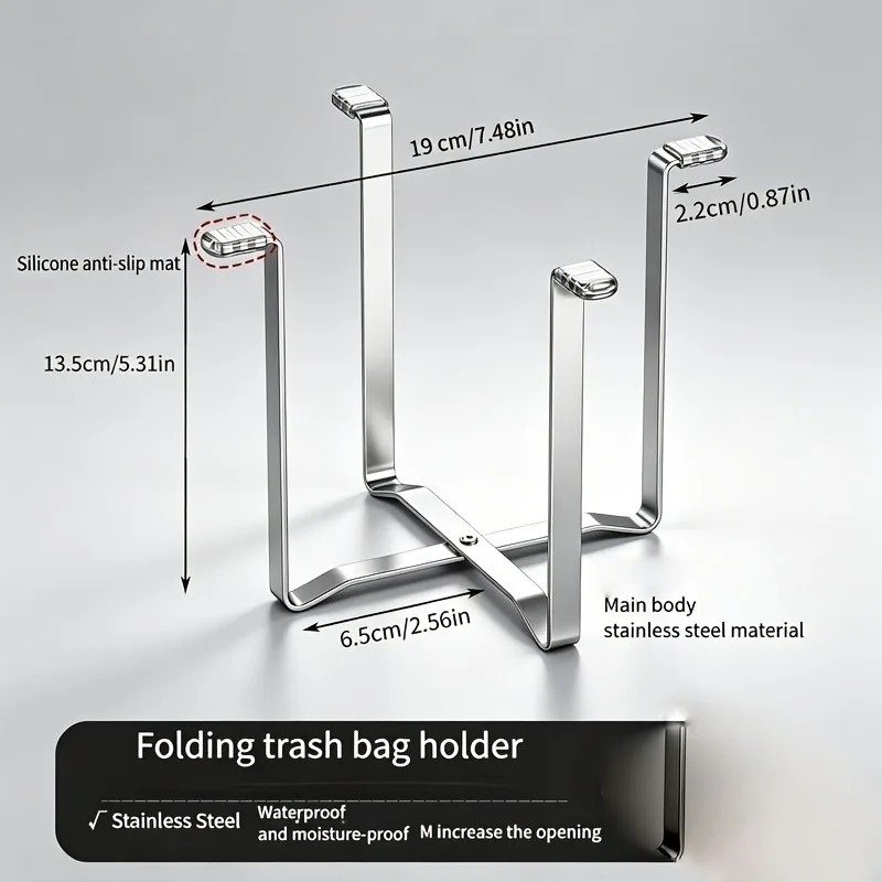 Folding Stainless Steel Trash Can Holder Floor Standing Trash Rack Storage Organizer, Space Saving Countertop Storage Shelf view 2