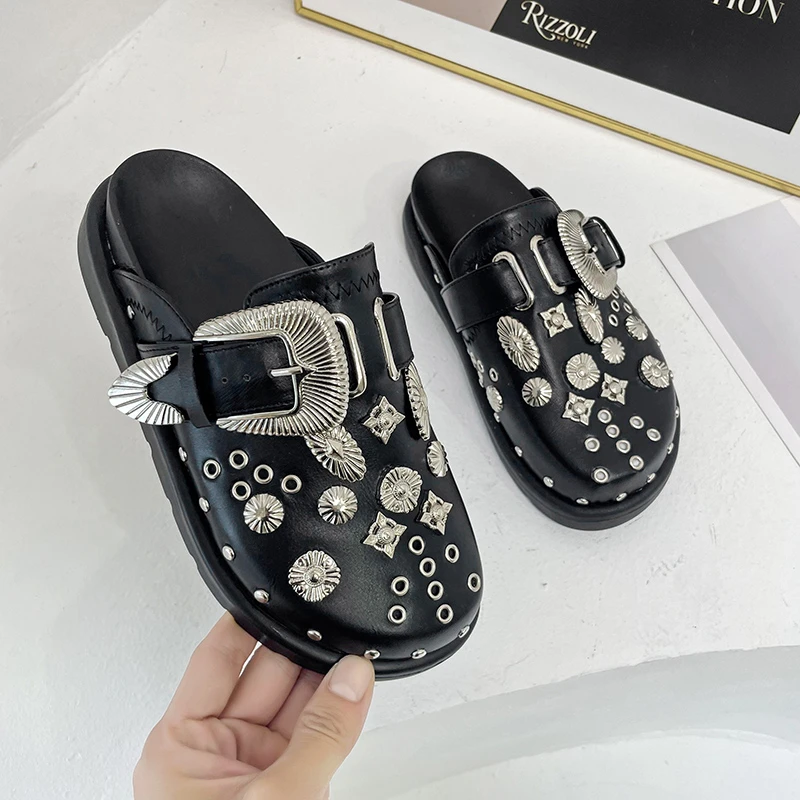 New Women Black Slippers Platform Rivets Punk Rock Leather Mules Creative Metal Fittings Casual Party Shoe Female Outdoor Slides