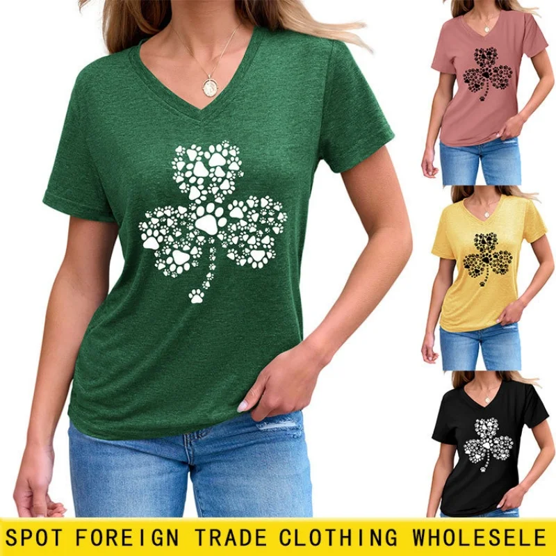 

V-neck front-sleeve graphic plant-print summer oversized short-sleeved women's top